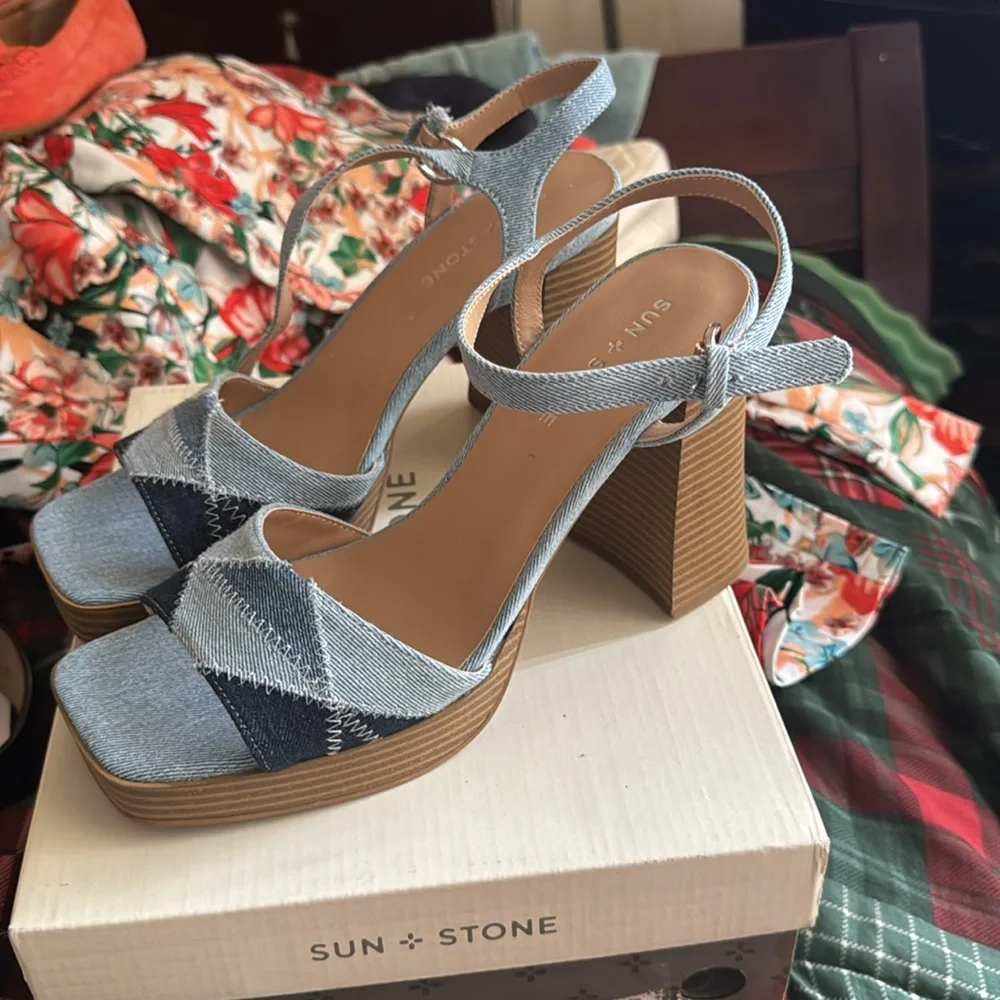 Sun + Stone Denim Patchwork Platform Sandals in Light Blue & Dark Blue